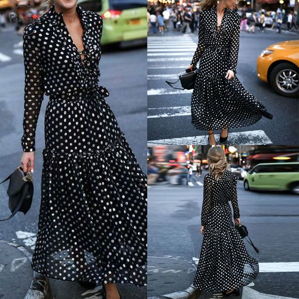 new 2020 women chiffon bandage cross v neck long sleeve wrap dresses polka dot long maxi ruffled dresses, Black;gray
new 2020 women chiffon bandage cross v neck long sleeve wrap dresses polka dot long maxi ruffled dresses, Black;gray
