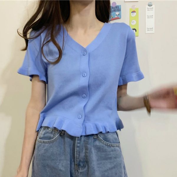 2020 spring summer women ruffle trim crop knitted short sleeves cardigans with buttons deep v neck crop knit jumpers, White
2020 spring summer women ruffle trim crop knitted short sleeves cardigans with buttons deep v neck crop knit jumpers, White