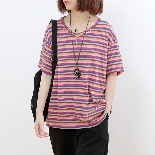 women striped v-neck female summer t-shirt loose cotton short sleeve comfortable common style women clothes, White
women striped v-neck female summer t-shirt loose cotton short sleeve comfortable common style women clothes, White