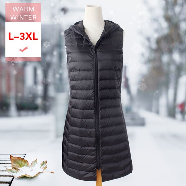 women ultra light long down vest female white duck down sleeveless warm coat slim thin windproof waistcoat zipper with hooded, Black
women ultra light long down vest female white duck down sleeveless warm coat slim thin windproof waistcoat zipper with hooded, Black
