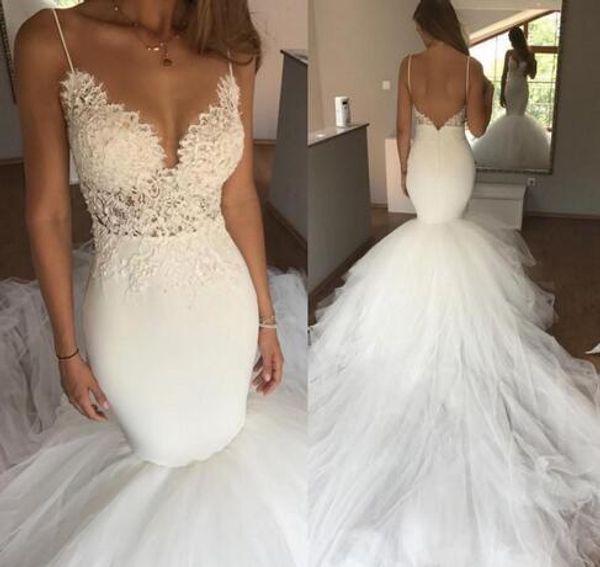 modern trumpet wedding dresses gown with spaghetti straps deep v neck open back lace tulle chapel train bridal gowns, White
modern trumpet wedding dresses gown with spaghetti straps deep v neck open back lace tulle chapel train bridal gowns, White