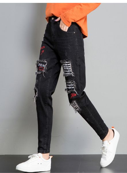 black social foot haroun pants fashion fake hole beggar trousers loose torre trousers, Blue