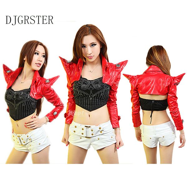 djgrster women fashion bodysuit ds costume chains outerwear dj twirled female singer bar punk leather jacket clothing set, Black;red
djgrster women fashion bodysuit ds costume chains outerwear dj twirled female singer bar punk leather jacket clothing set, Black;red