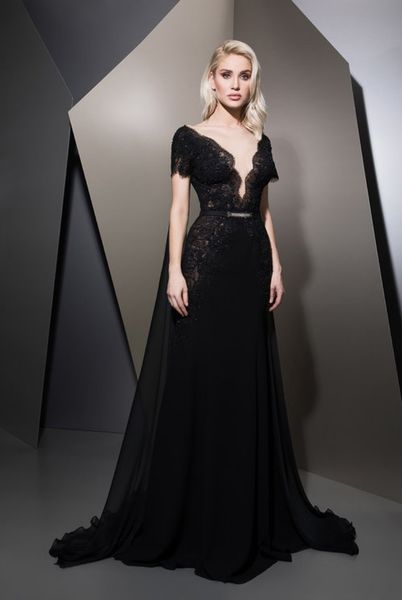 2019 ziad nakad prom dresses long with cape plunging neck lace formal evening gowns short sleeves party dress for women, Black
2019 ziad nakad prom dresses long with cape plunging neck lace formal evening gowns short sleeves party dress for women, Black