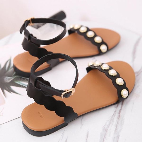 flat sandals women pearl buckles ankle floral sandals flat with summer open toe shoes walking sandalias plataforma muje, Black 
flat sandals women pearl buckles ankle floral sandals flat with summer open toe shoes walking sandalias plataforma muje, Black