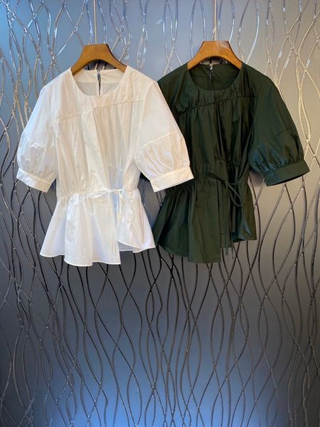 2020 spring and summer new women's round neck solid color decorative waist drawstring waist short sleeve wild shirt 524, White
2020 spring and summer new women's round neck solid color decorative waist drawstring waist short sleeve wild shirt 524, White
