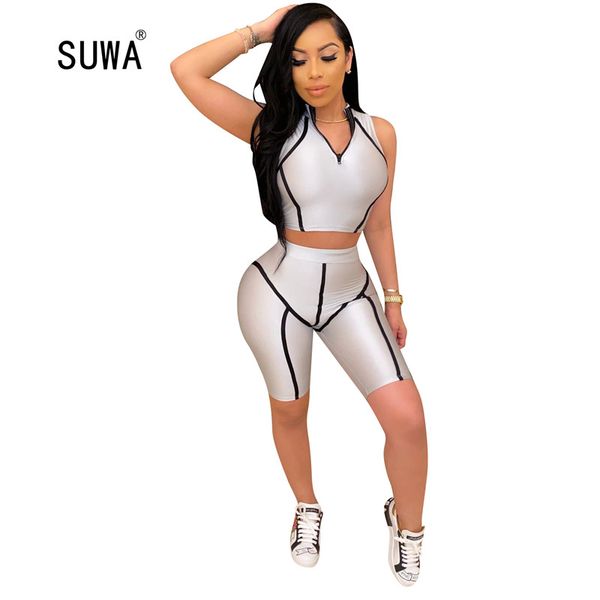2020 high street fashion women striped two piece set casaul tracksuit zip sleeveless tanks and skinng shorts, White
2020 high street fashion women striped two piece set casaul tracksuit zip sleeveless tanks and skinng shorts, White