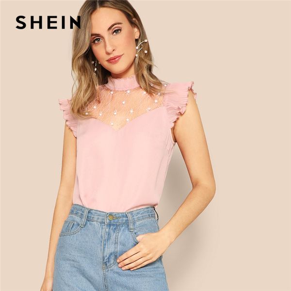 

shein elegant pink pearl beading lace yoke pleated ruffle blouse women summer frilled collar cap sleeve office lady blouses, White