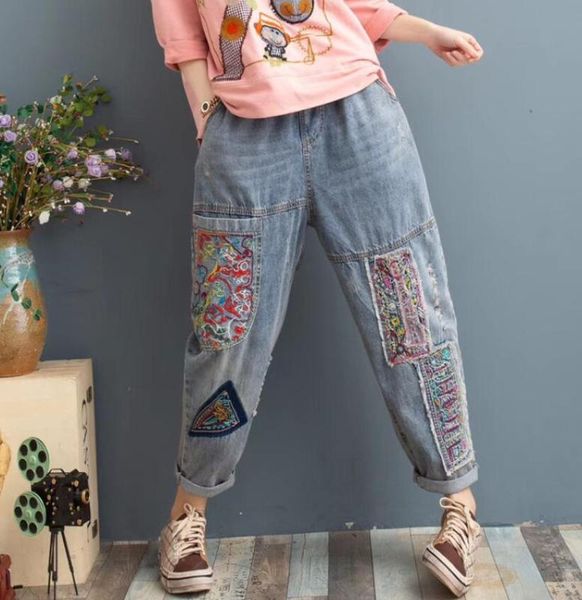 women's jeans women literary retro patch loose embroidery vintage casual spring autumn elastic waist denim pants fmeale trousers p1029, Blue
women's jeans women literary retro patch loose embroidery vintage casual spring autumn elastic waist denim pants fmeale trousers p1029, Blue