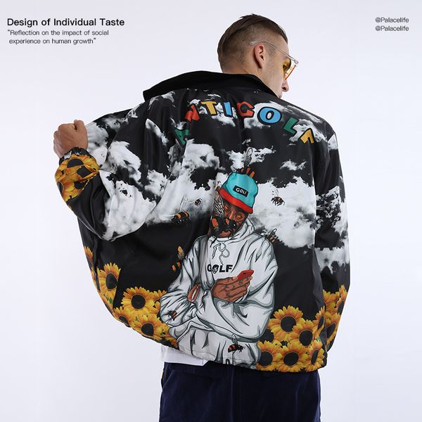 card 2019 tide nagri taylor honeybee rap decorative pattern stand collar men's style jacket loose coat, Black;red
card 2019 tide nagri taylor honeybee rap decorative pattern stand collar men's style jacket loose coat, Black;red