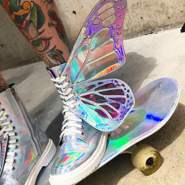 multicolour laser butterfly ankle boot lace-up fluorescent glitter wing runway boot thick sole platform leisure outside shoes, Black
multicolour laser butterfly ankle boot lace-up fluorescent glitter wing runway boot thick sole platform leisure outside shoes, Black