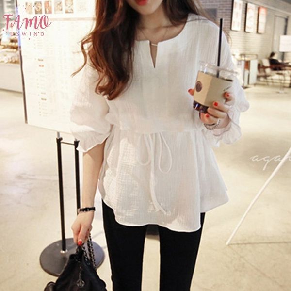 2020 spring models korean version of the seven point sleeves cotton cap sleeve and linen round neck tie shirt female ruffled shirt, White
2020 spring models korean version of the seven point sleeves cotton cap sleeve and linen round neck tie shirt female ruffled shirt, White