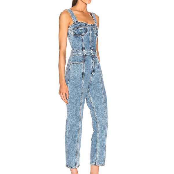 fashion runway 2020 jumpsuit women's spaghetti strap skinny denim jumpsuit, Black;white