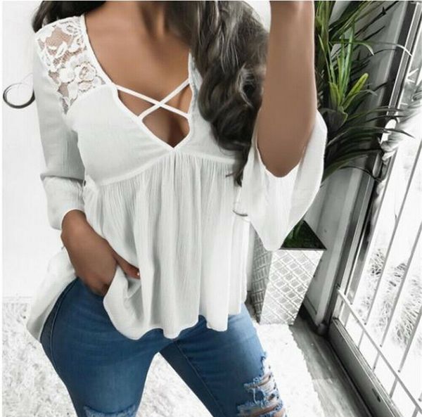 floral lace patchwork women loose sleeve soft t-shirt 2019 fashion lady v-neck baggy pleated casual female tee xxl, White 
floral lace patchwork women loose sleeve soft t-shirt 2019 fashion lady v-neck baggy pleated casual female tee xxl, White