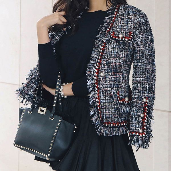fashion runway tweed jacket coat 2019 autumn winter women fringed trim long sleeves front pockets with pearls detail, Black
fashion runway tweed jacket coat 2019 autumn winter women fringed trim long sleeves front pockets with pearls detail, Black