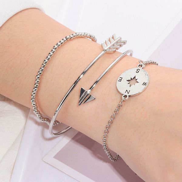 silver color bracelet set arrow compass charms multilayer chain opening bangles women exquisite charm jewelry gift, Black
silver color bracelet set arrow compass charms multilayer chain opening bangles women exquisite charm jewelry gift, Black