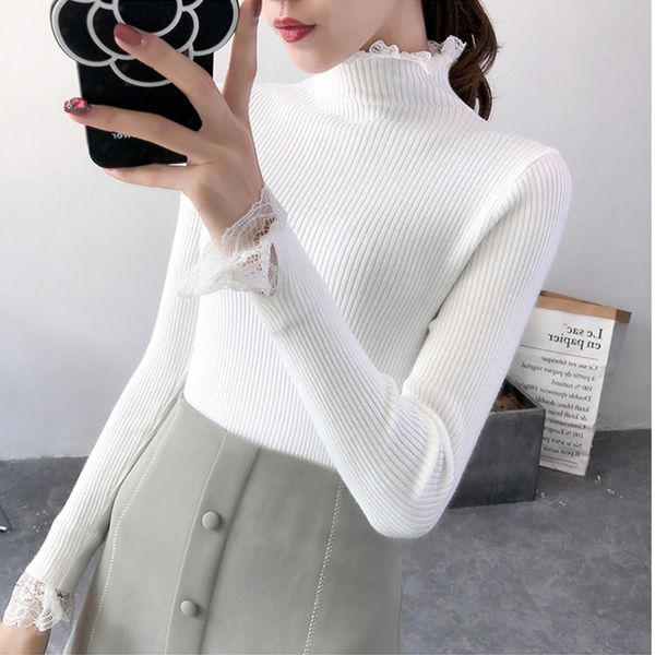 women lace splice turtleneck full sleeve autumn sweater 2018 winter warm knit elastic pullovers basic solid casual ladies jumper, White;black
women lace splice turtleneck full sleeve autumn sweater 2018 winter warm knit elastic pullovers basic solid casual ladies jumper, White;black