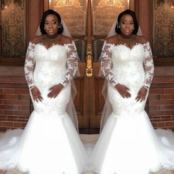 plus size mermaid wedding dresses off the shoulder lace sheer long sleeves bridal gowns tulle floor length south african wedding vestidos, White
plus size mermaid wedding dresses off the shoulder lace sheer long sleeves bridal gowns tulle floor length south african wedding vestidos, White