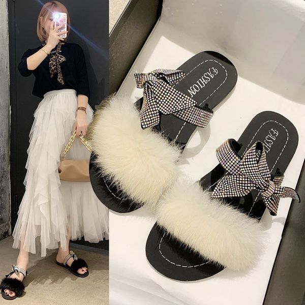 shoes women slippers casual pantofle fur flip flops butterfly-knot slides soft 2020 plush flat summer glitter crystal, Black