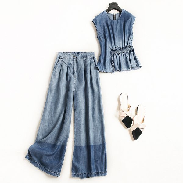 women fashion denim jeans sleeveless and blouse ruched + wide leg pants suit 2 piece set new 2018 summer blue, White
women fashion denim jeans sleeveless and blouse ruched + wide leg pants suit 2 piece set new 2018 summer blue, White