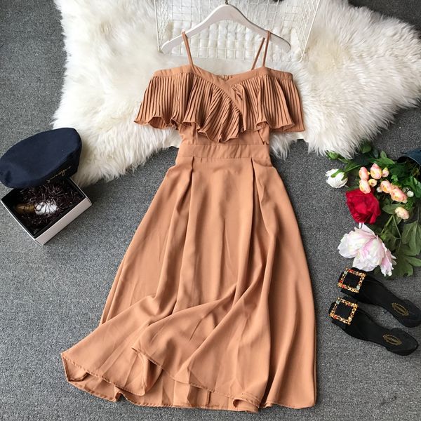 women summer dress korean cute pleated off shoulder dress boho beach party womens dresses chiffon vestidos midi, Black;gray
women summer dress korean cute pleated off shoulder dress boho beach party womens dresses chiffon vestidos midi, Black;gray