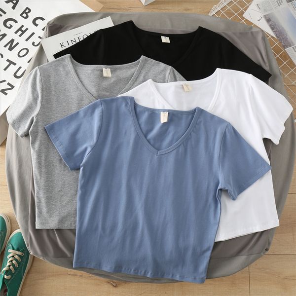 short v-neck short-sleeved women's high waist slim pure cotton navel casual solid color versatile base shirt t-shirt fashion, White
short v-neck short-sleeved women's high waist slim pure cotton navel casual solid color versatile base shirt t-shirt fashion, White