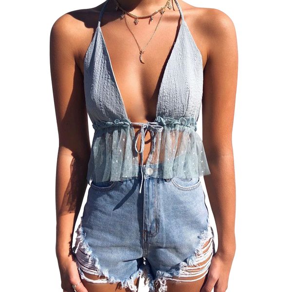 lace up hanging neck open back sleeveless women camisole summer fashion mesh crop transparent casual party solid, White
lace up hanging neck open back sleeveless women camisole summer fashion mesh crop transparent casual party solid, White