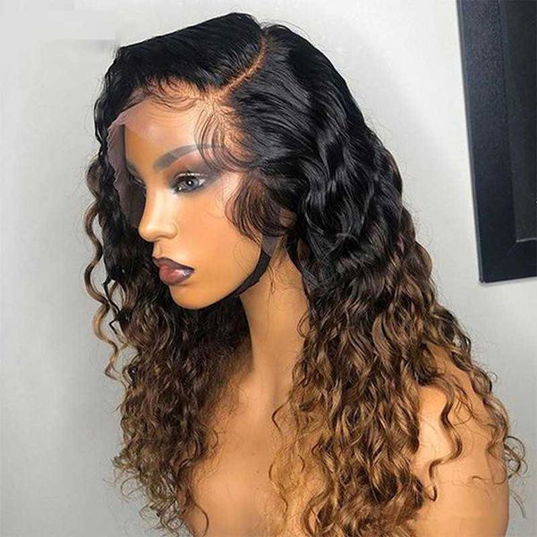 

370 ombre honey blonde kinky curly human hair wig chinese remy preplucked 360 lace frontal wig glueless baby hair for women, Black;brown