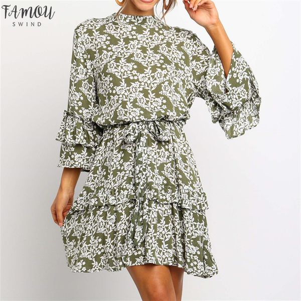 женская armygreen цветочные печати платье осень 3/4 рукава оборками boho пляж шифоновые платья мини стенд воротник поясами вскользь, Black;gray