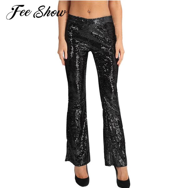 

womens fashion glitter sequins high waist stretchy bell bottom flared palazzo pants trouser elegant fashion pants for party, Black;white