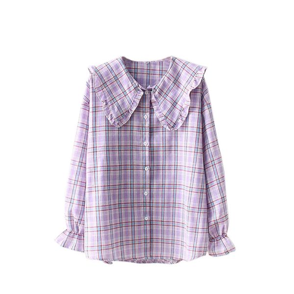 women plaid shirt long sleeve 2019 spring ladies vintage loose doll collar trumpet sleeve casual women and blouses, White
women plaid shirt long sleeve 2019 spring ladies vintage loose doll collar trumpet sleeve casual women and blouses, White