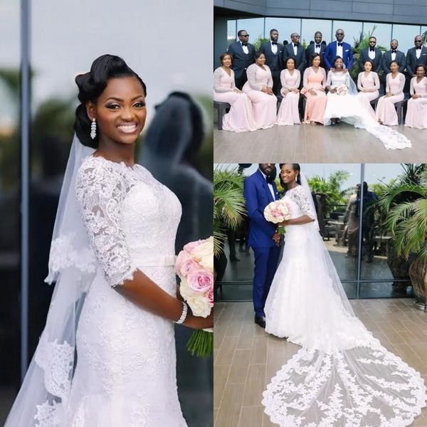 2020 saudi arabic wedding dresses lace appliques crew neck half sleeves mermaid wedding gowns dubai country style plus size bridal dress, White
2020 saudi arabic wedding dresses lace appliques crew neck half sleeves mermaid wedding gowns dubai country style plus size bridal dress, White