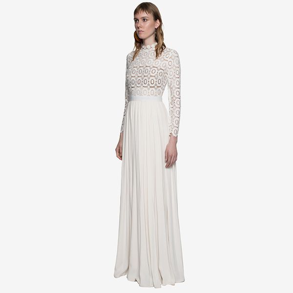 long sleeve high neck banquet evening dresses lace hollow out white split joint formal party dress, White;black
long sleeve high neck banquet evening dresses lace hollow out white split joint formal party dress, White;black