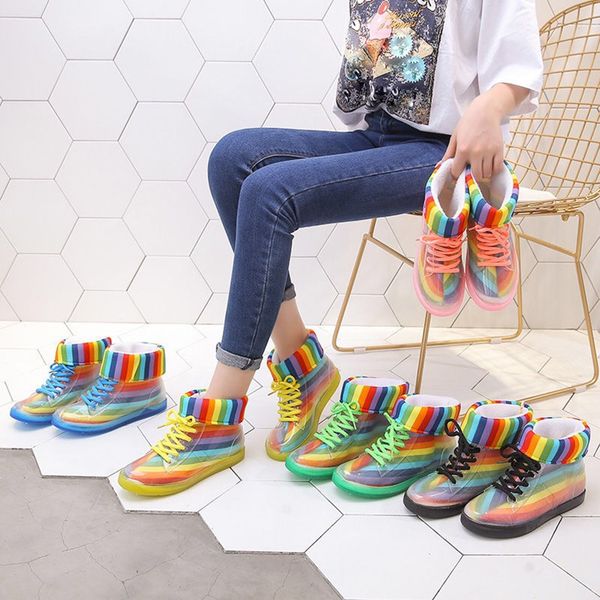 women's rainbow ankle rain boots removable cover platform lace up pu waterproof motorcycle colorful ankle boots woman shoes, Black
women's rainbow ankle rain boots removable cover platform lace up pu waterproof motorcycle colorful ankle boots woman shoes, Black