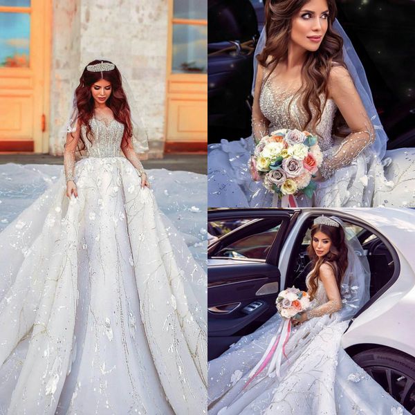 2020 arabic luxury wedding dresses lace 3d floral appliqued beads long sleeve country wedding dress a line custom made vestidos de novia, White
2020 arabic luxury wedding dresses lace 3d floral appliqued beads long sleeve country wedding dress a line custom made vestidos de novia, White