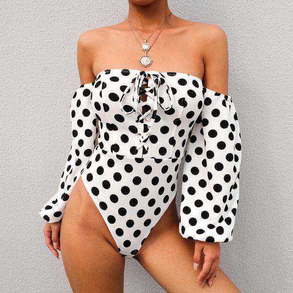women dot print lace-up bodysuit wave point autumn skinny bodysuit female off shoulder fashion wear jumpsuit, Black;white
women dot print lace-up bodysuit wave point autumn skinny bodysuit female off shoulder fashion wear jumpsuit, Black;white