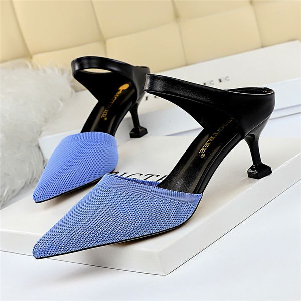 2020 summer new women blue green pink low heels knitted slides mules mesh breathable high heels slippers closed toe shoes, Black
