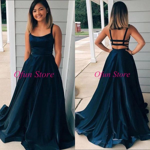 navy blue a line prom dresses vestidos de fiesta spaghetti strap backless satin sweep train evening formal gowns, Black
navy blue a line prom dresses vestidos de fiesta spaghetti strap backless satin sweep train evening formal gowns, Black