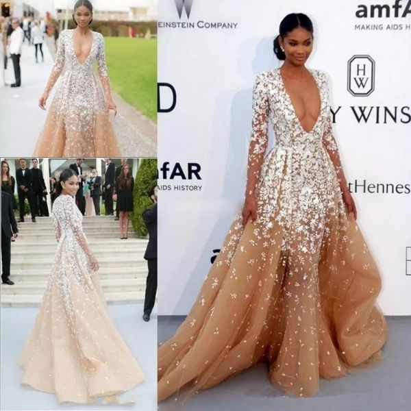 designer zuhair murad deep v neck evening dresses with long sleeve champagne tull lace applique sweep train formal celebrity dress 2019, Black;red
designer zuhair murad deep v neck evening dresses with long sleeve champagne tull lace applique sweep train formal celebrity dress 2019, Black;red
