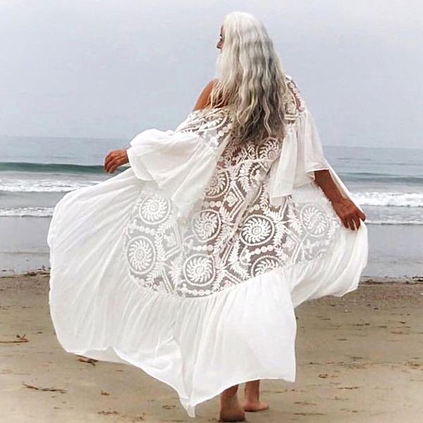 white long bikini cover ups blouse with belt female fashion summer beach sun protection outwear boho lace hollow out beachwear, White;black
white long bikini cover ups blouse with belt female fashion summer beach sun protection outwear boho lace hollow out beachwear, White;black