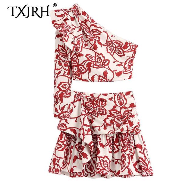 txjrh red floral print elastic pleated blouse skew collar one sleeve ruffles shirt crop tied bow short skirt 2 pieces sets, White
txjrh red floral print elastic pleated blouse skew collar one sleeve ruffles shirt crop tied bow short skirt 2 pieces sets, White