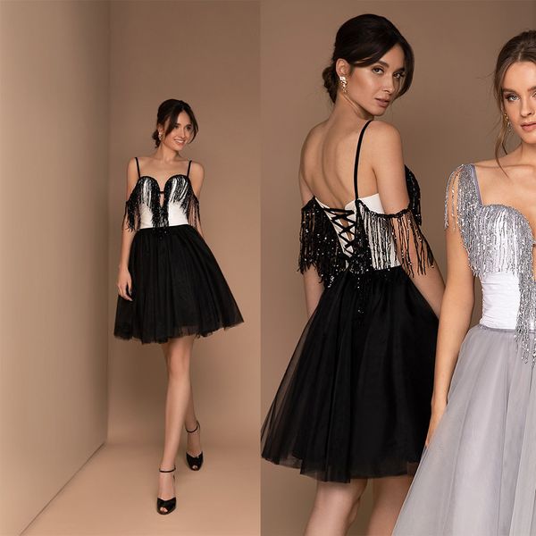 modest pink sliviamo a line prom dress halter sleeveless lace up tassel sequins party dress knee length robes de soirée, Black
modest pink sliviamo a line prom dress halter sleeveless lace up tassel sequins party dress knee length robes de soirée, Black
