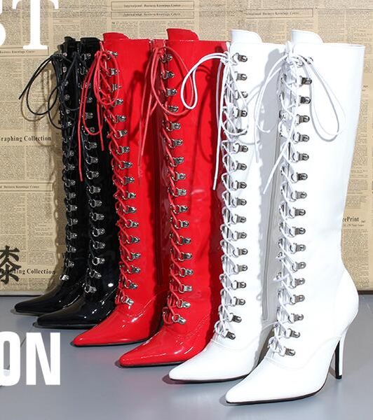 super high heel stiletto lace up pointed toe knee high boots large size woman patent leather heel lace up knee boots, Black
super high heel stiletto lace up pointed toe knee high boots large size woman patent leather heel lace up knee boots, Black