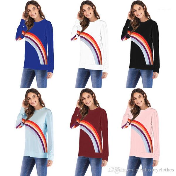 rainbow printed casual o-neck tshirts long sleeved tees clothing women autumn bottoming, White 
rainbow printed casual o-neck tshirts long sleeved tees clothing women autumn bottoming, White