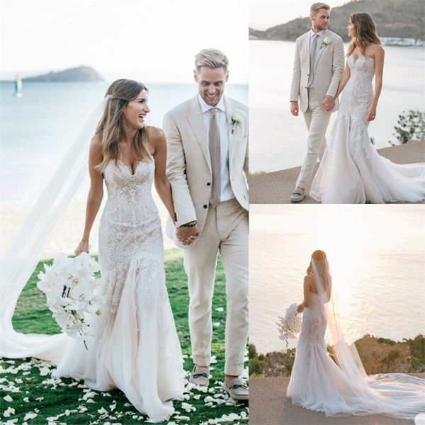 boho mermaid wedding dresses strapless sleeveless high-split appliqued lace bridal dress beach sweep train vestidos de novia, White
boho mermaid wedding dresses strapless sleeveless high-split appliqued lace bridal dress beach sweep train vestidos de novia, White