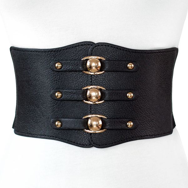 

fashion women wide belt new brand design metal buckle women elastic waistband cintos female leather rivet ultra wide belt, Black;brown
