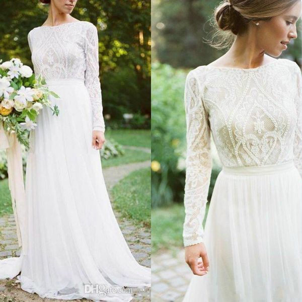 2019 modest bohemian wedding dresses long sleeves jewel neck a line lace applique chiffon skirts country bridal gowns beach abiti da sposa, White
2019 modest bohemian wedding dresses long sleeves jewel neck a line lace applique chiffon skirts country bridal gowns beach abiti da sposa, White