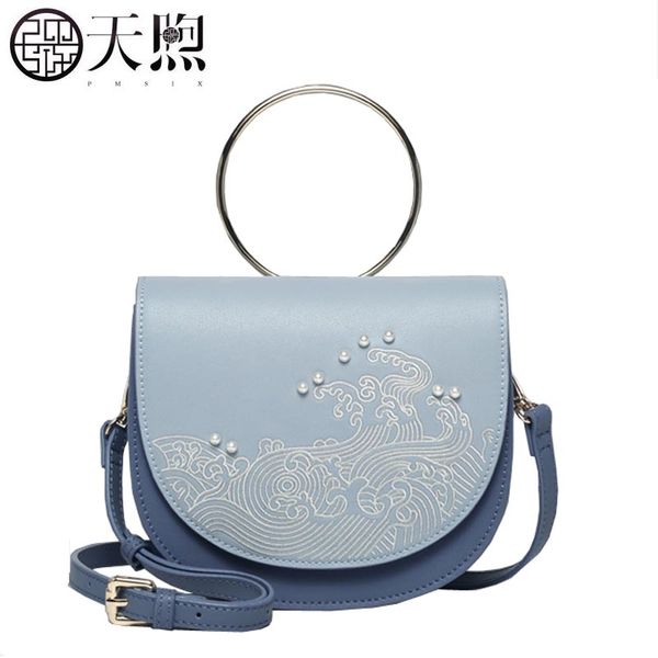 tmsix 2020 new women leather bags designer light blue fashion embroidery handbag tote women shoulder bags