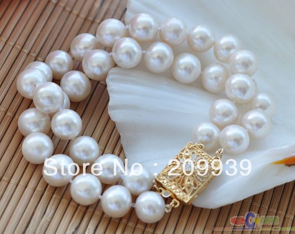 huij 0074 2row 8" 11mm round white freshwater pearl bracelet, Black