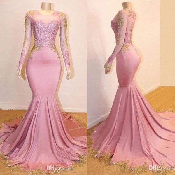2020 pink long sleeves mermaid prom dresses black girls gold lace applique sweep train formal party evening gowns
2020 pink long sleeves mermaid prom dresses black girls gold lace applique sweep train formal party evening gowns